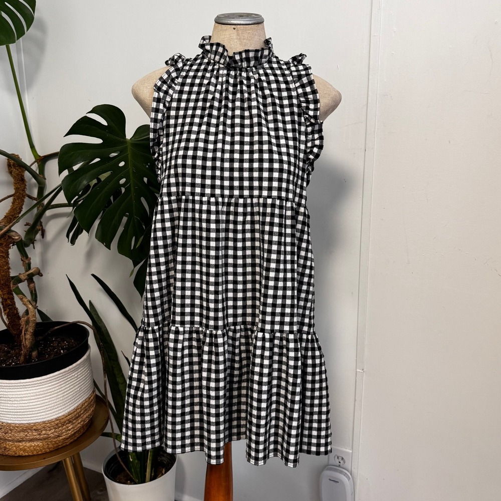 Maeve Anthropologie Gingham Tiered Dress Womens XS Black White Ruffle Mini‎ Boho